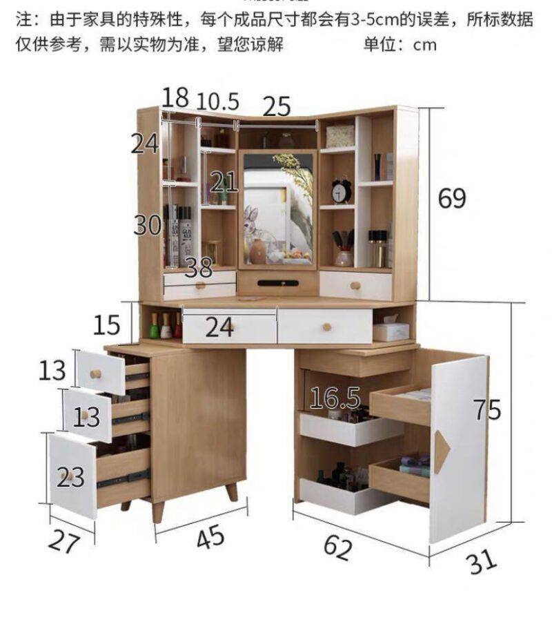 A&0857全新北歐實木轉角梳妝台化妝台收納櫃一體臥室小戶型三角INS拐角化妝台梳妝台 - Image 10