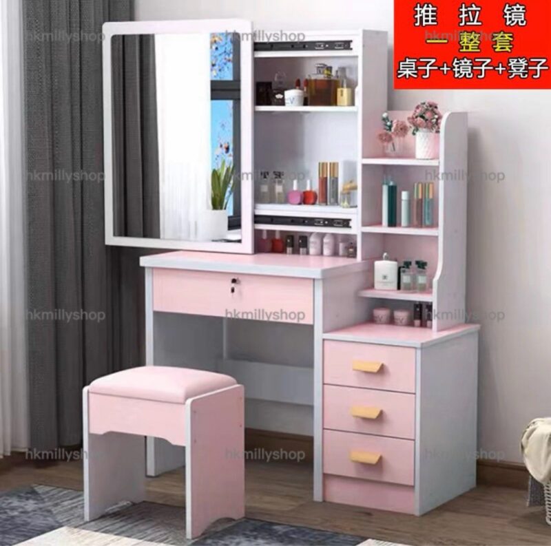A&1724梳妝枱 化妝枱 化妝品收納櫃 床頭櫃 床邊櫃帶鏡子 簡約梳妝桌加椅子 化妝桌子梳妆台 全新包送貨 - Image 6